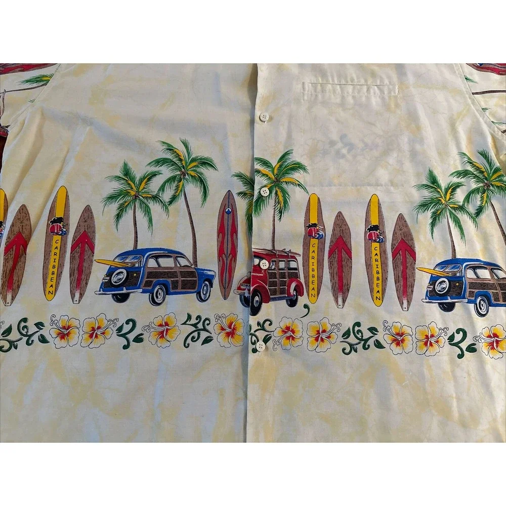 Men’s Hawaiian Shirt Caribbean Surfboards Cars  Floral Flowers L / XL Button Up - Picture 4 of 13
